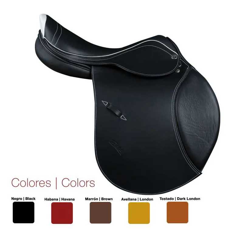 Sela de equitação preta em fundo branco com amostra de cores