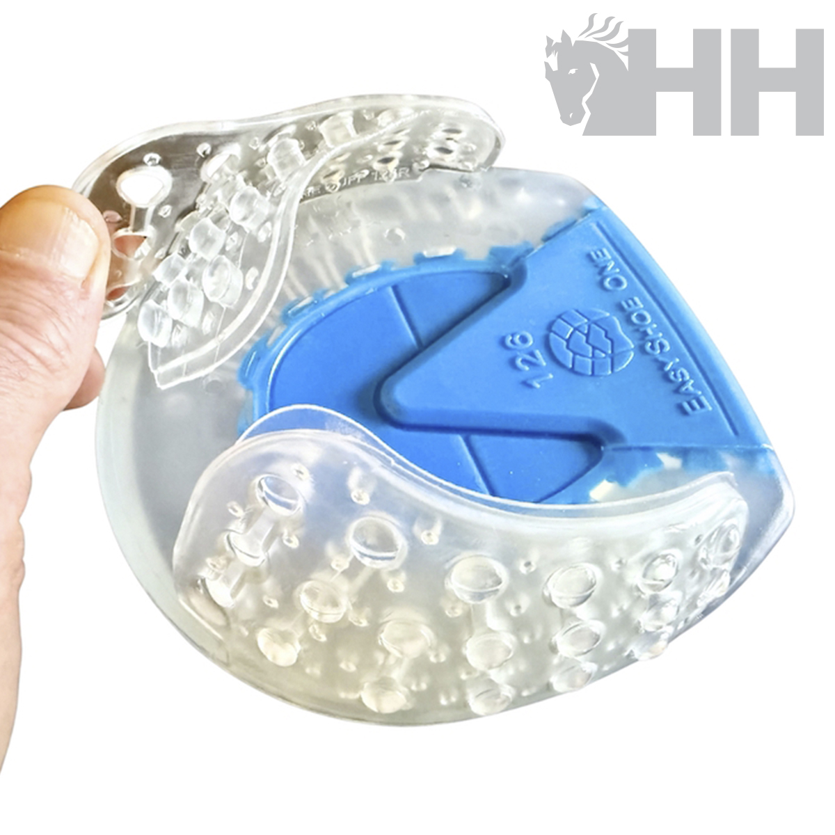 Palmilha azul com silicone transparente texturado e texto 126 EASY SHOE ONE