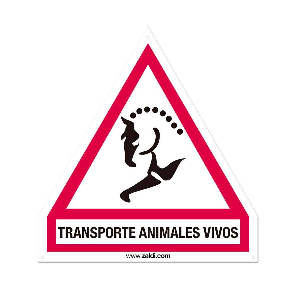 Placa triangular de transporte de animais vivos com cavalo preto e texto em espanhol
