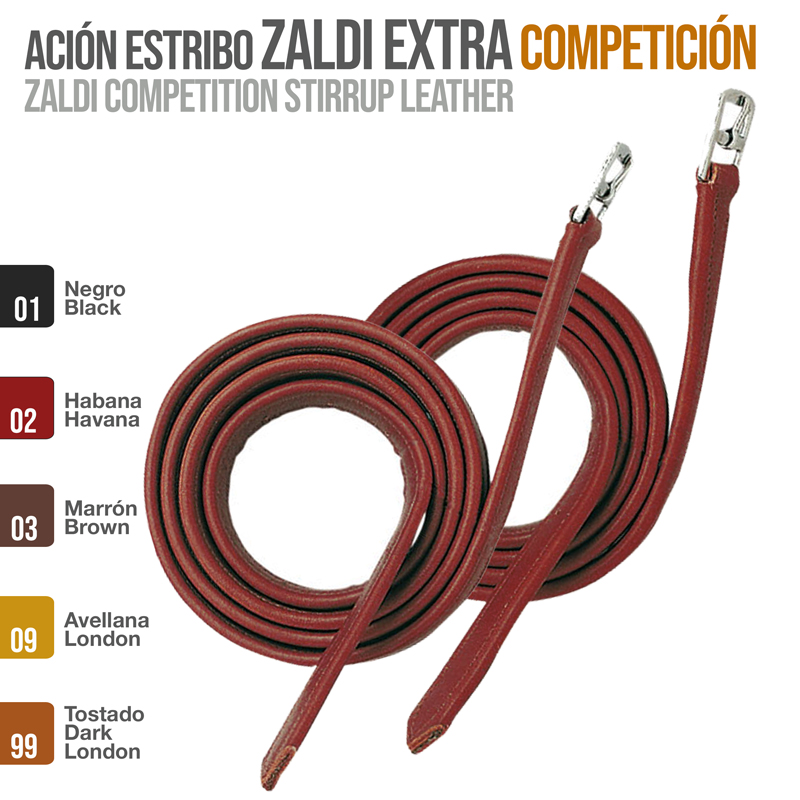 Cabo de estribo de competição Zaldi de couro castanho com presilhas metálicas