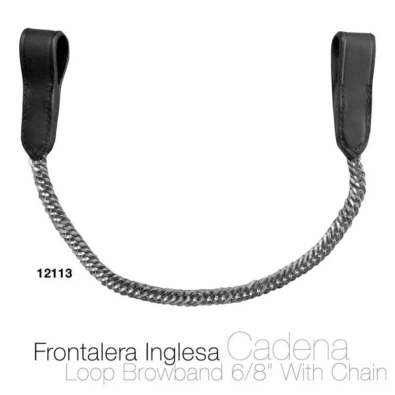 Frontalera Inglesa com corrente de metal prateado e couro preto nas extremidades