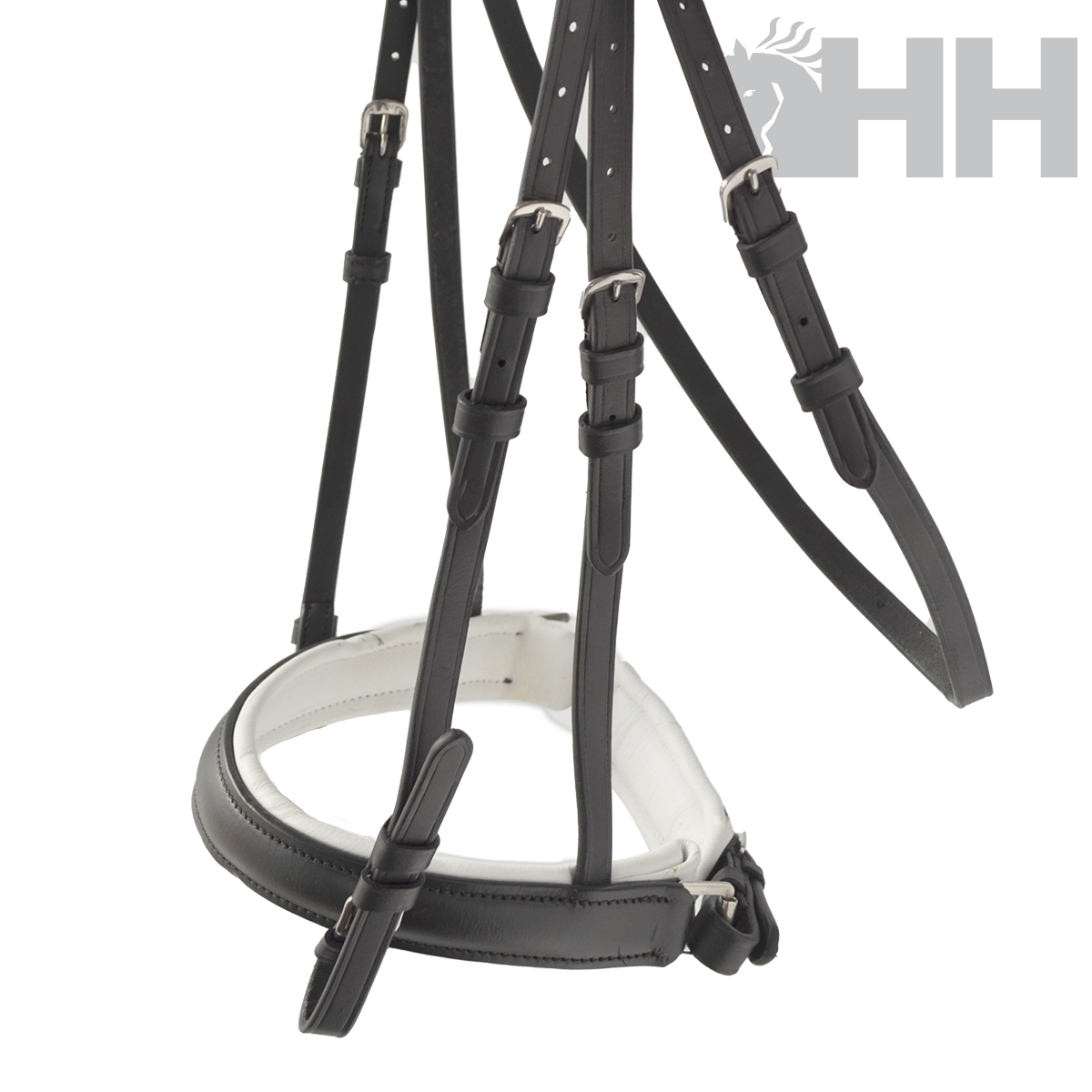 Cabresto e peitoral para cavalo em couro preto com interior acolchoado branco