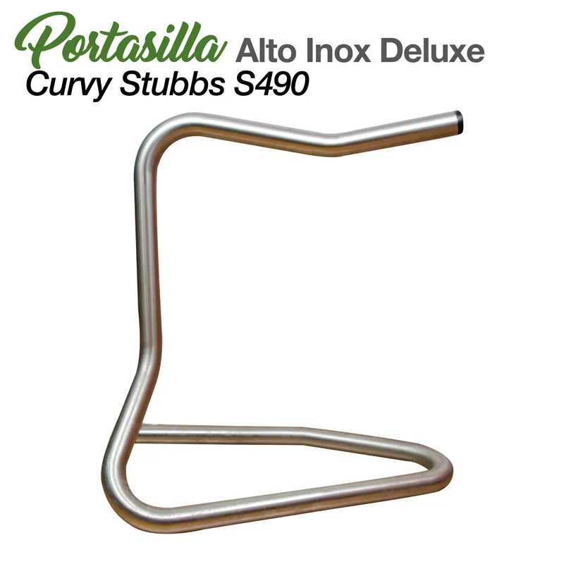 Suporte metálico curvo em aço inox para guitarra com texto promocional ao lado