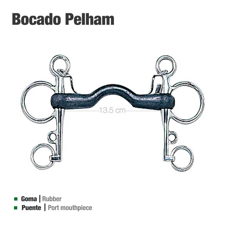 Bocado Pelham com peça de boca em borracha preta e estrutura metálica prateada