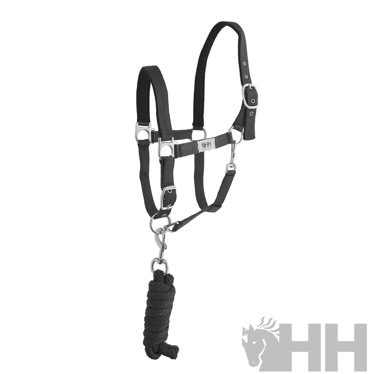 Cabresto para cavalo preto com corda preta e fivelas metálicas