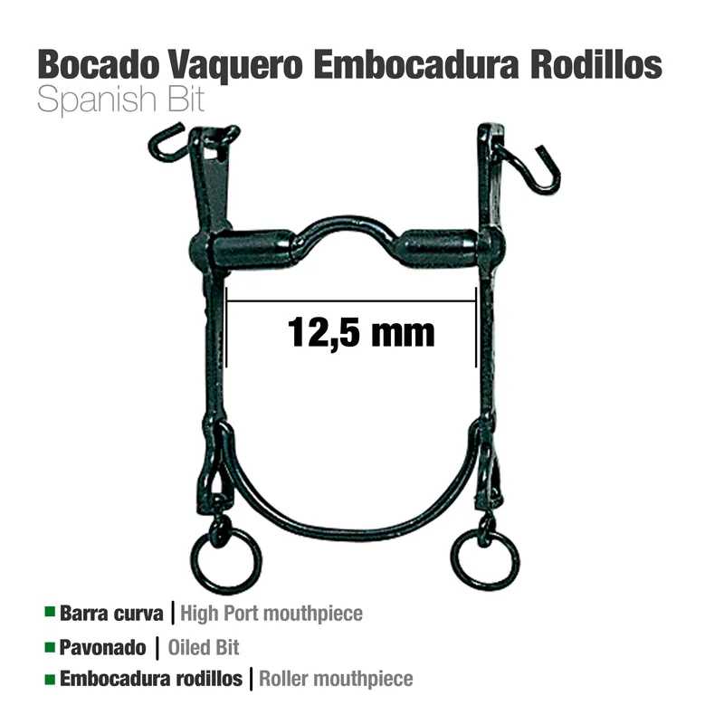 Bocado vaqueiro embocadura rodillos em metal pavonado com barra curva e rodillos, 12,5 mm.