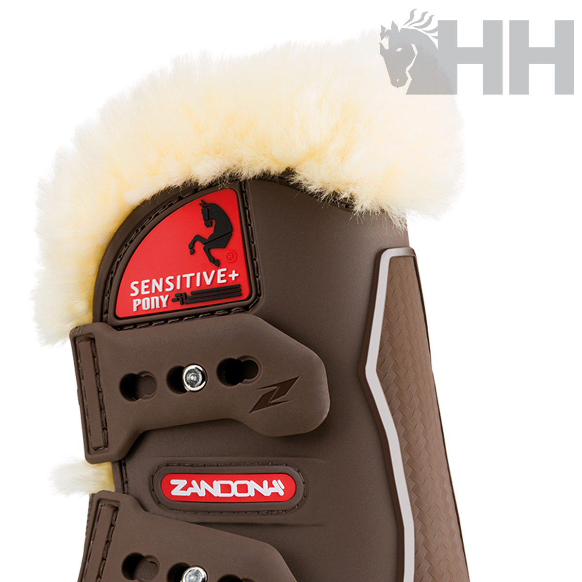 Proteção equina castanha com forro branco e etiquetas vermelhas Zandoná