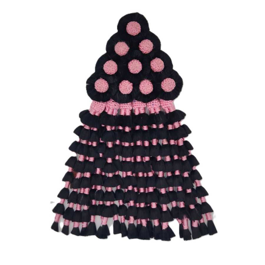 Adereço de cabelo com bolas cor-de-rosa e franjas pretas e cor-de-rosa
