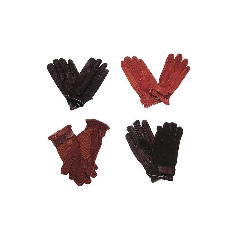 Quatro pares de luvas em couro castanho e preto com detalhes texturizados e fivelas
