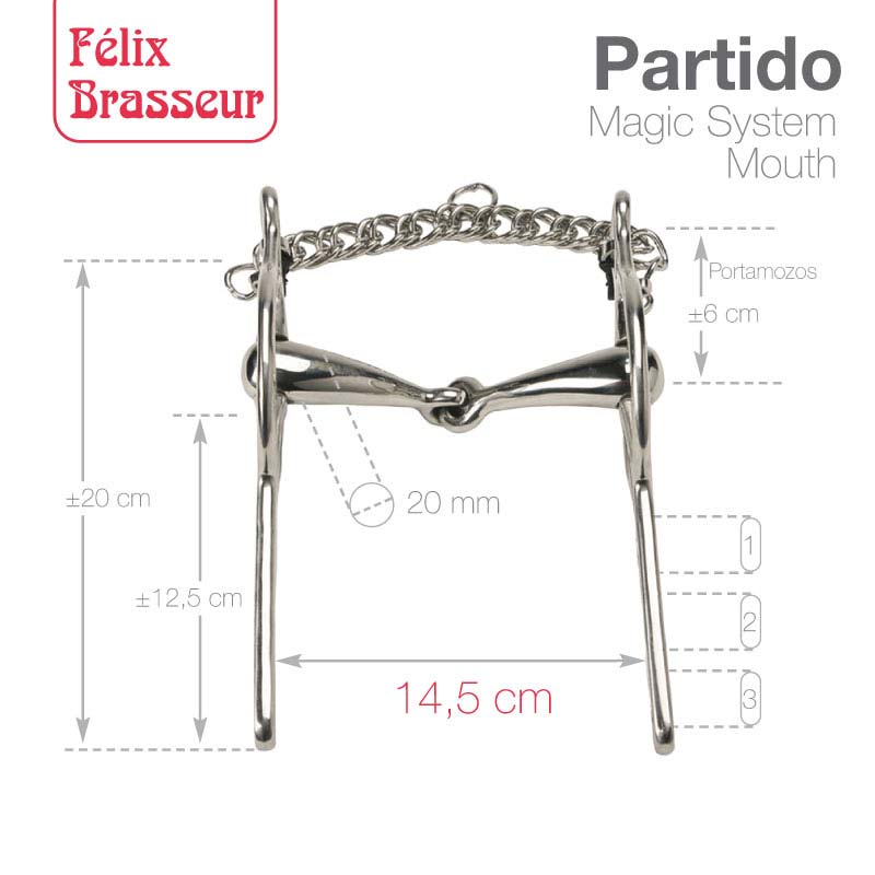 Freio metálico prateado para cavalo com medidas e texto de marca e modelo