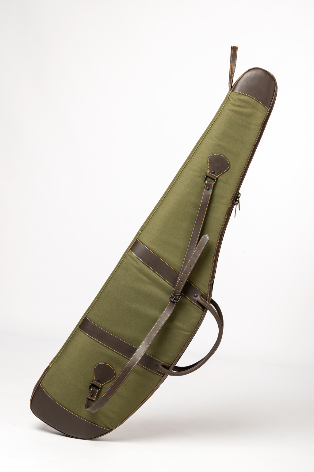 Estojo verde-oliva para instrumento com detalhes em couro castanho