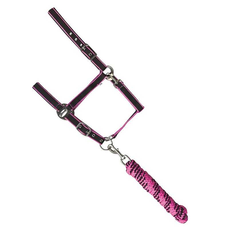 Cabresto preto com costuras rosa e cabo de guia trançado rosa e preto