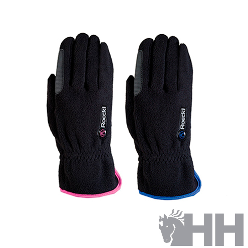 Luvas pretas de tecido Roccki com detalhes rosa e azul