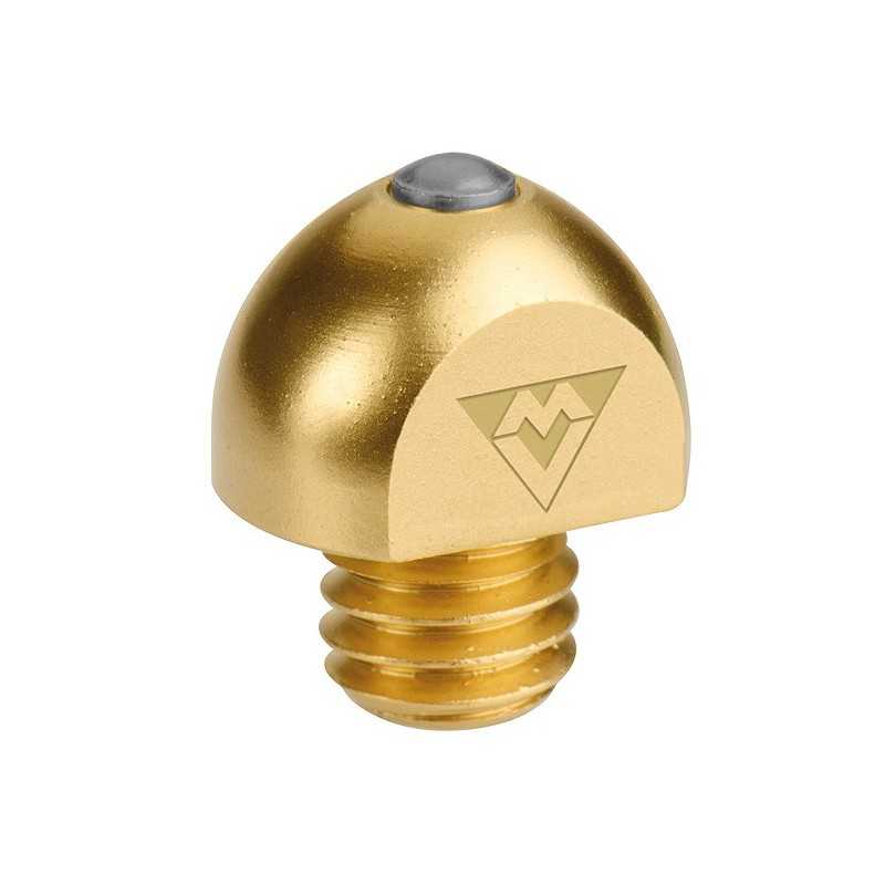 Parafuso metálico dourado com cabeça arredondada e gravação triangular com letra M