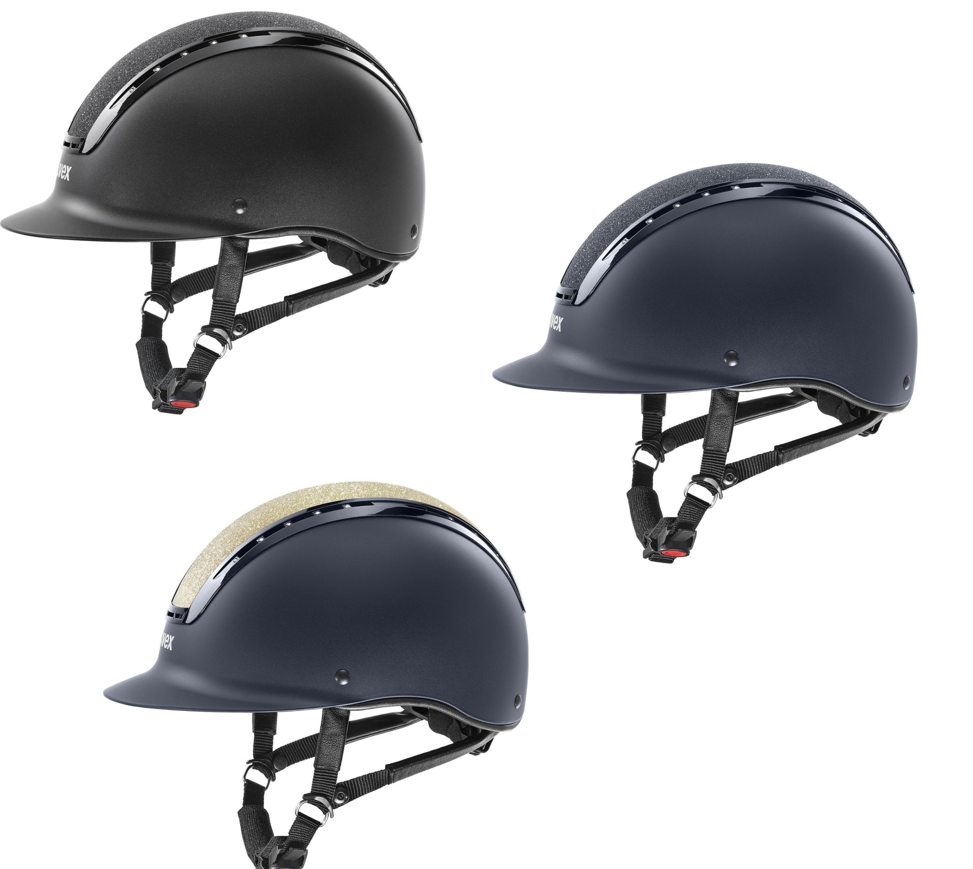 Três capacetes de equitação em azul escuro e castanho claro com tiras pretas e ventilação.