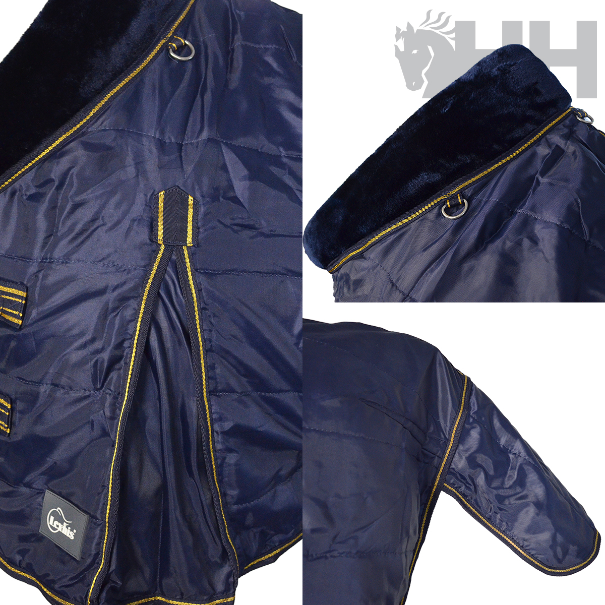 Manta para cavalo azul escuro com forro de veludo preto e costuras amarelas