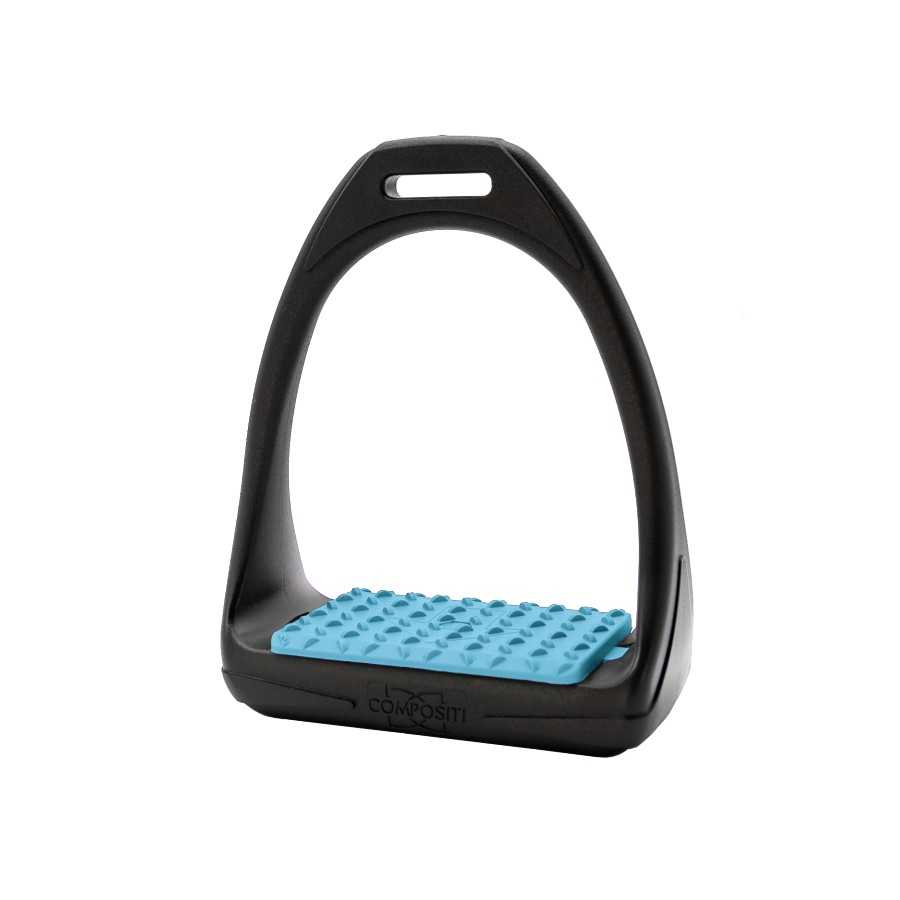 Estribo equestre preto com base azul antiderrapante.