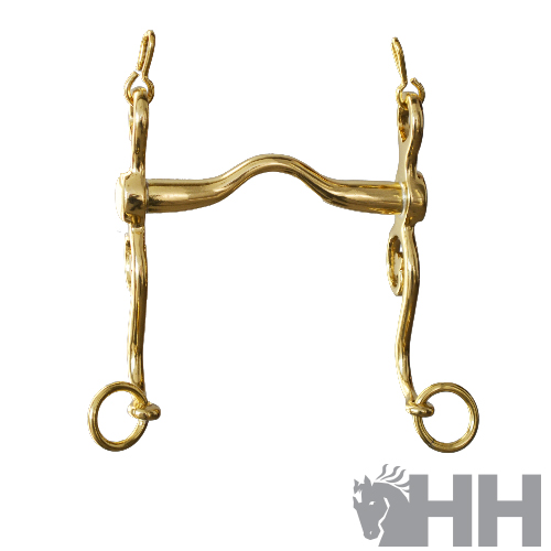 Freio dourado de cavalo com design curvo e argolas