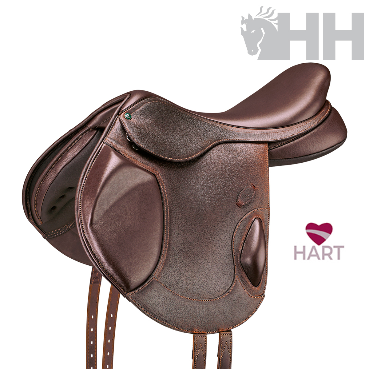 Selim de equitação em couro castanho com logotipos HH e HART