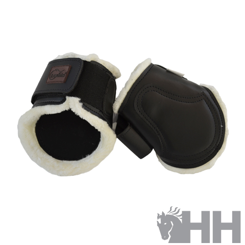 Protetores para patas de cavalo em couro preto com forro branco e fecho de velcro