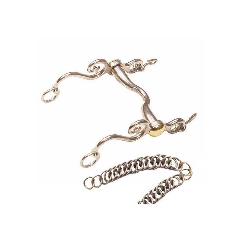 Freio metálico para cavalo com detalhe dourado e corrente prateada