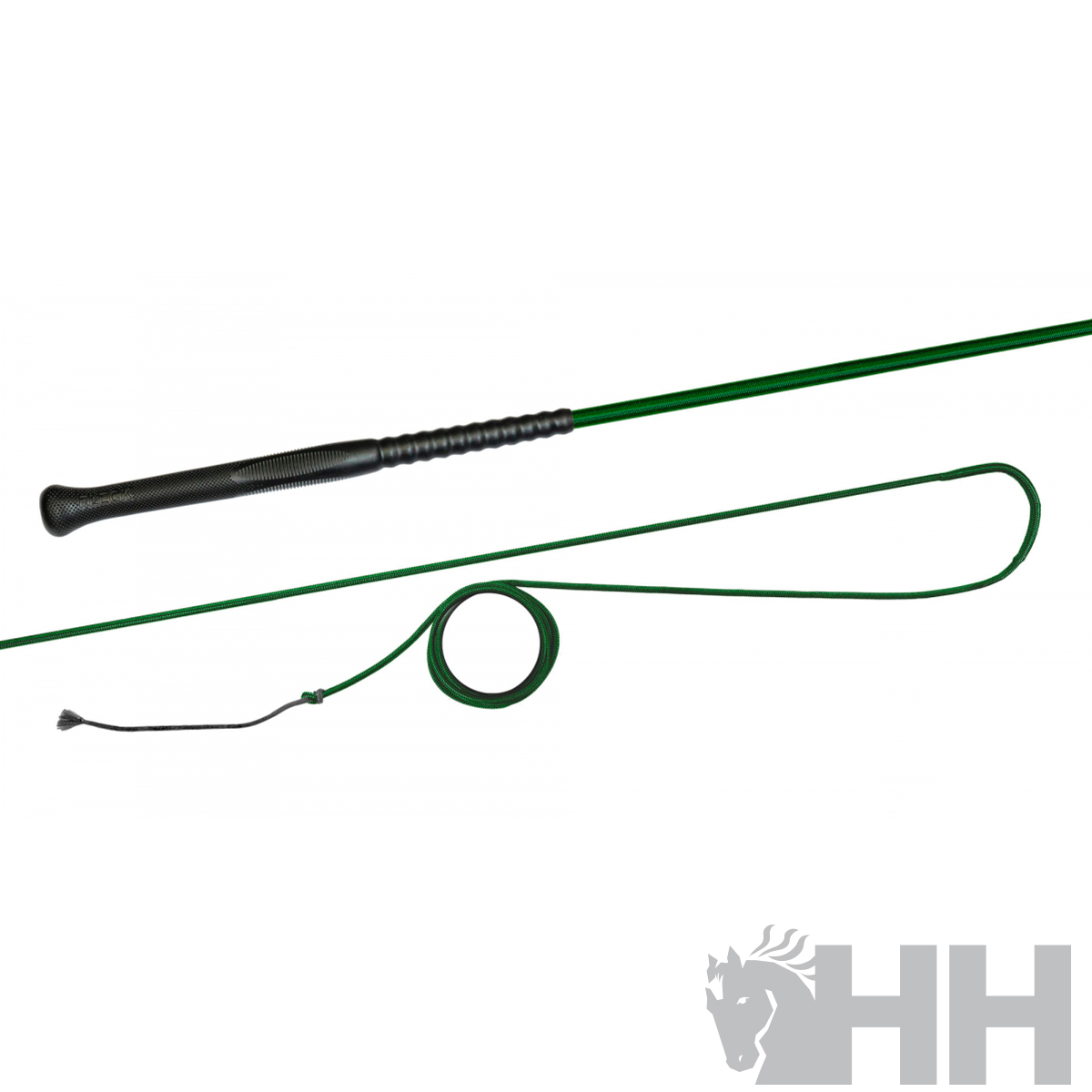 Vara de equitação verde com punho preto e corda enrolada