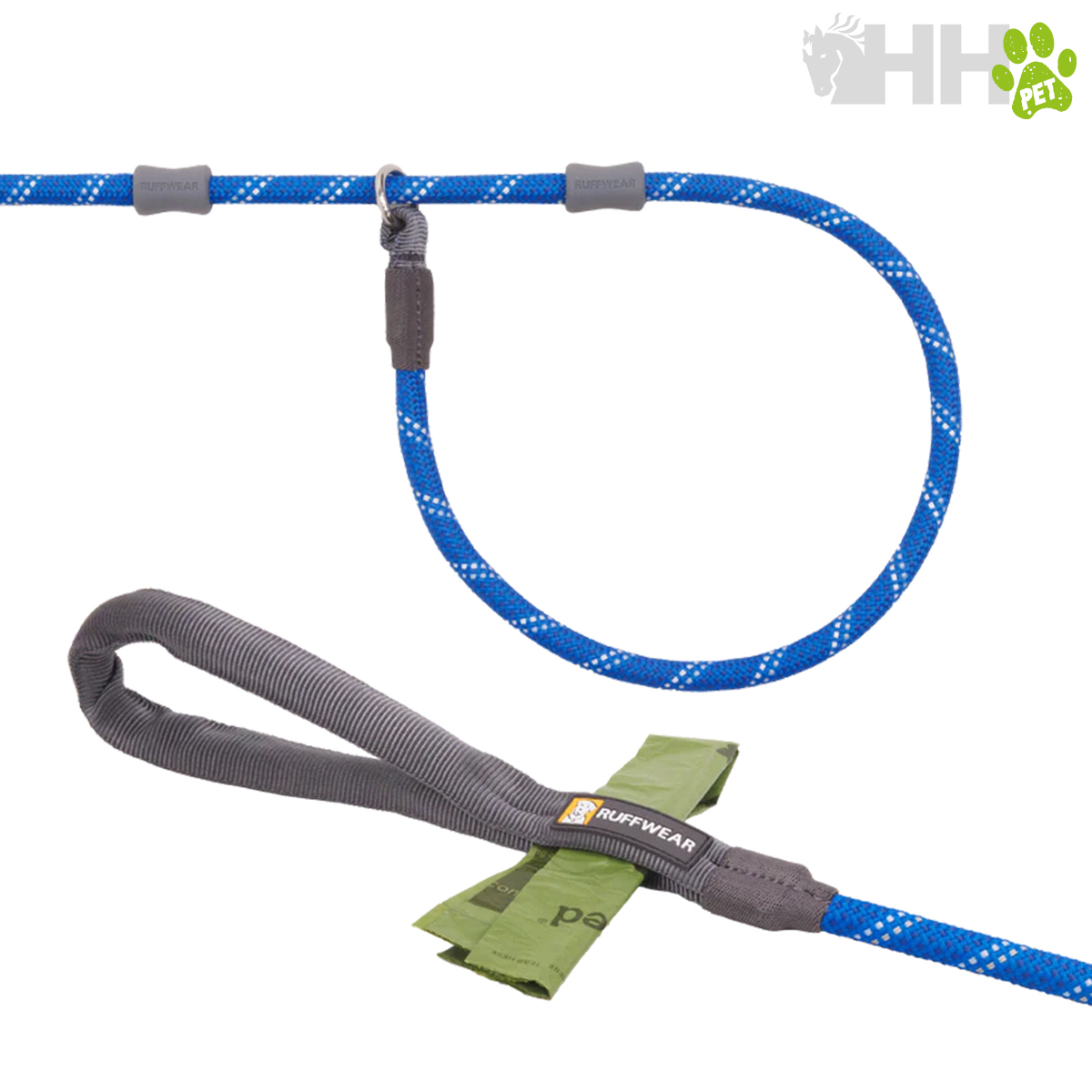 Trela azul para cão com alça cinza acolchoada e etiqueta RUFFWEAR