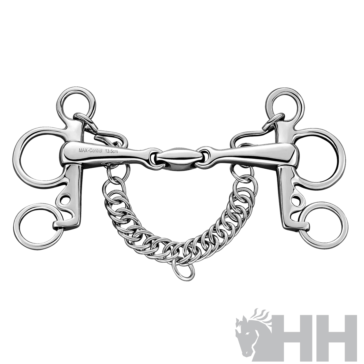 Freio metálico prateado com elos e corrente para cavalo.