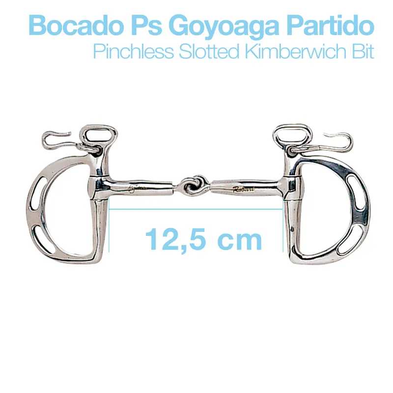 Bocado metálico prateado para equitação com texto em azul claro sobre fundo branco