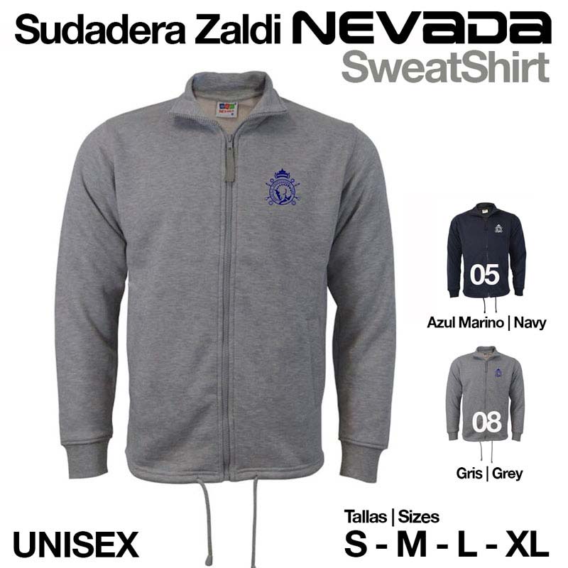 Sudadera Zaldi Nevada gris unisex con cremallera y bordado azul
