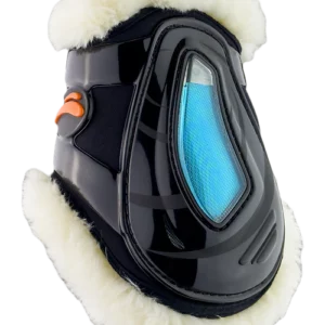 Proteção para casco de cavalo preta com detalhes azuis e forro branco