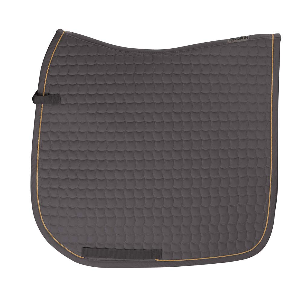 Tapete quadrado de sela de cavalo cinza com linha dourada e etiqueta SHADROH