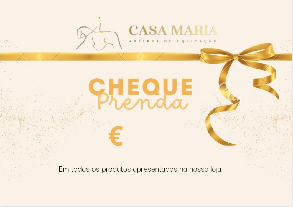 Voucher da Casa Maria com laço dourado e texto promocional em fundo creme