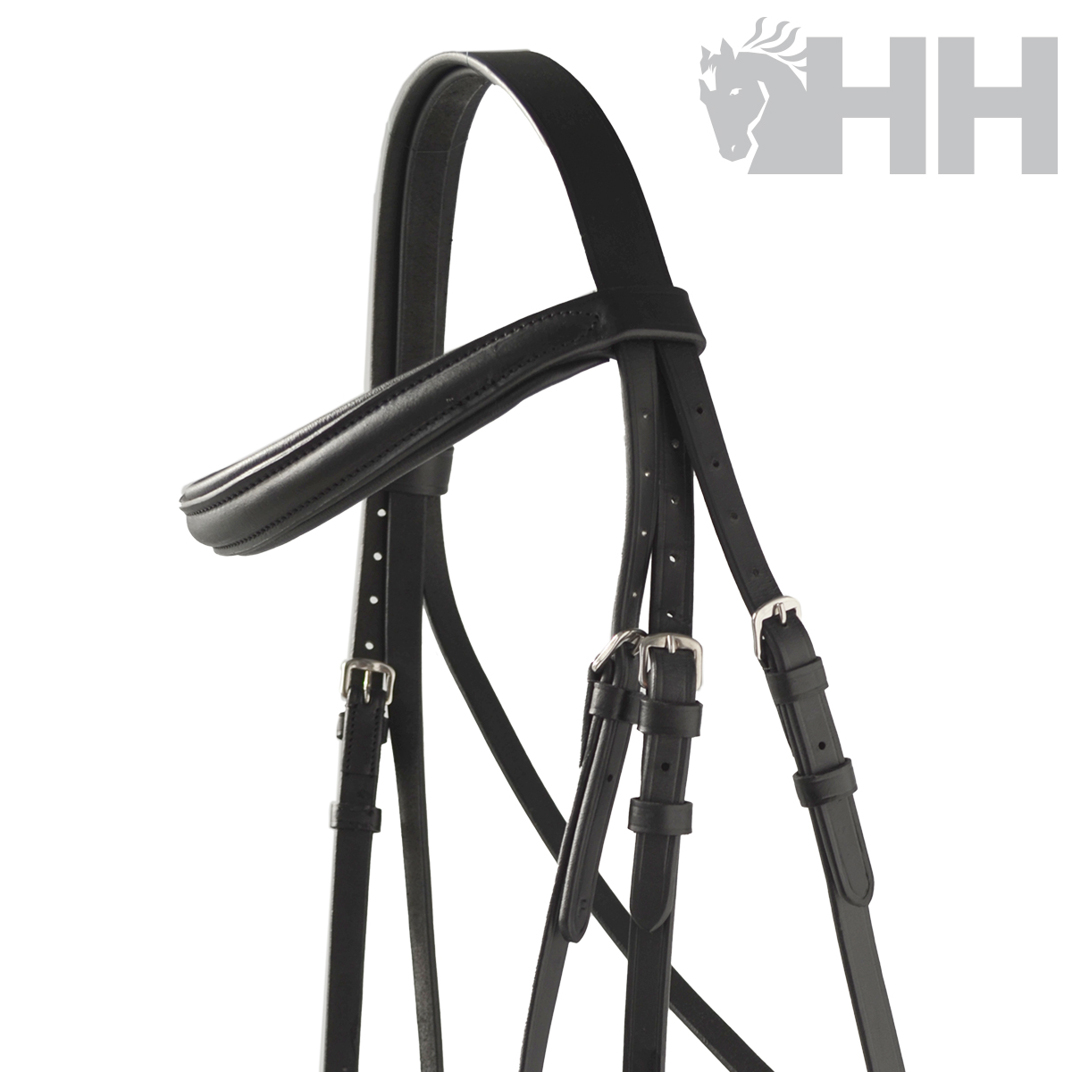 Cabeçada de couro preta com almofadado e fivelas prateadas