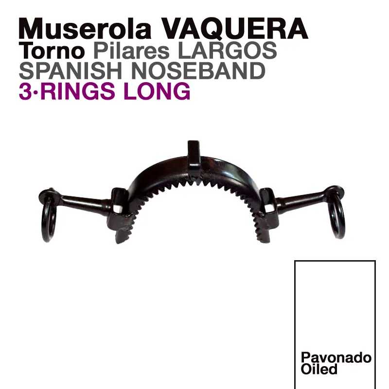 Muserola vaquera metálico com anéis grandes e dentes internos, texto explicativo em preto e roxo.