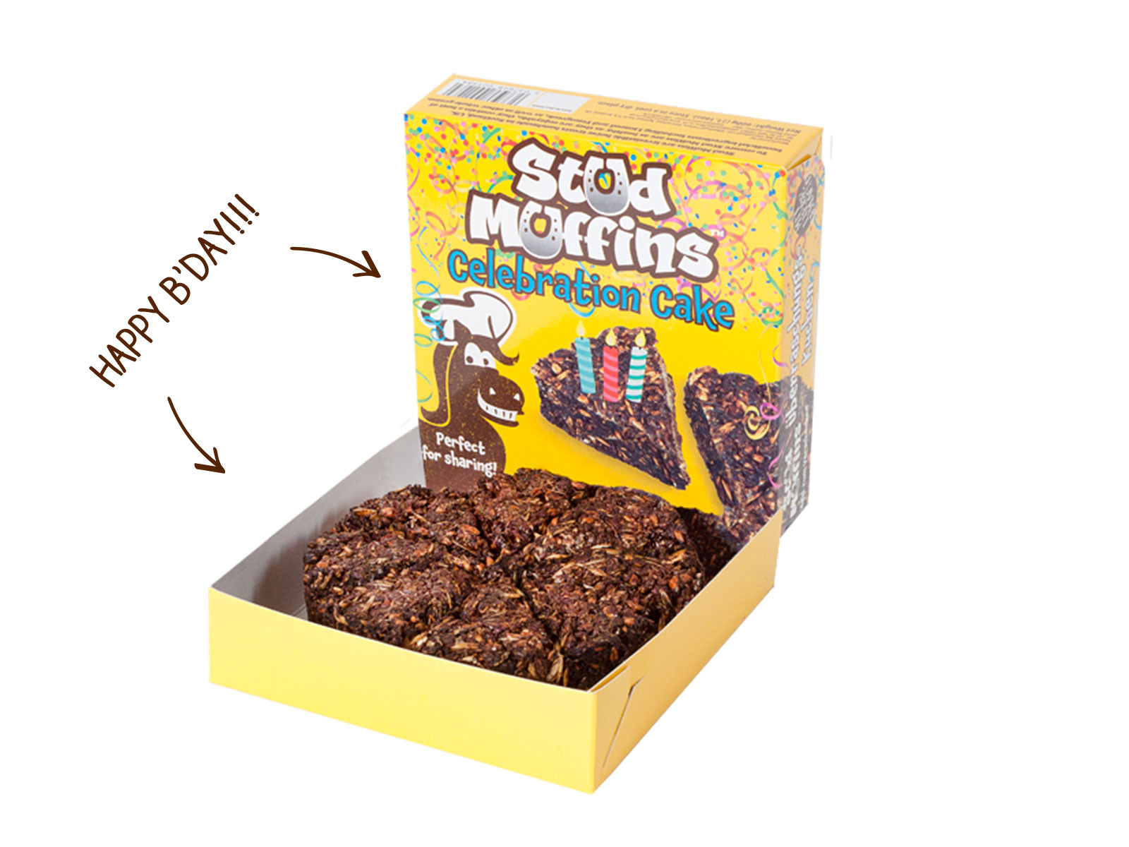 Caixa amarela com muffins de chocolate e embalagem colorida de bolo de celebração