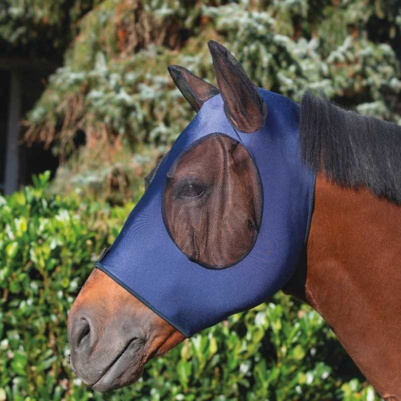 Máscara azul para cavalo com aberturas em tule preto para olhos e orelhas