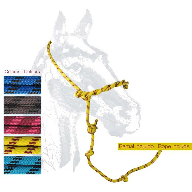 Cabresto de corda amarelo com preto para cavalo com amostras de cores e texto em espanhol e inglês.