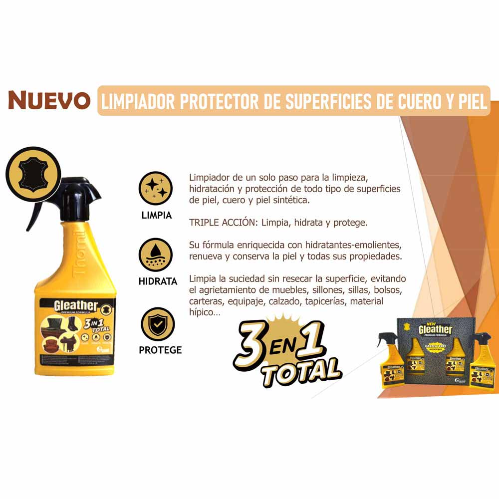 Spray amarelo Gleather para limpeza e proteção de couro e pele