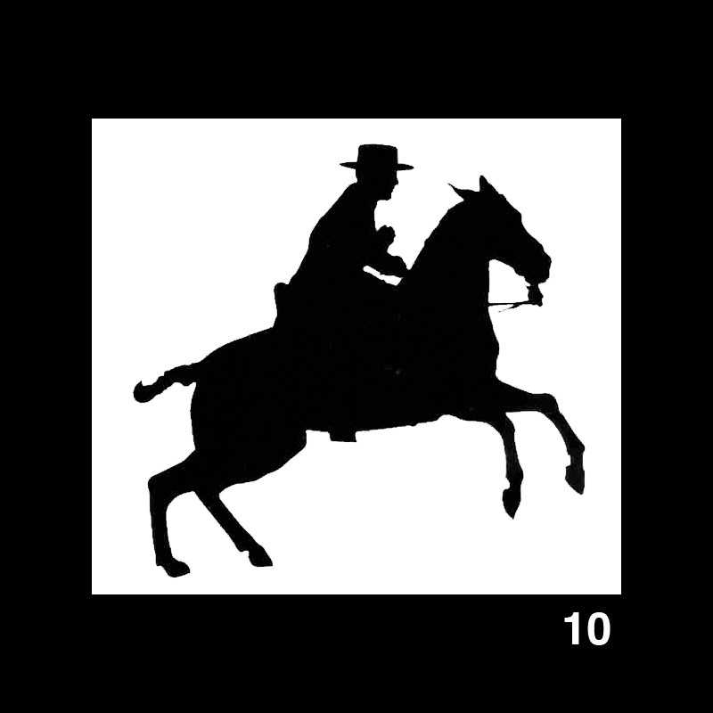Silhueta preta de cavaleiro em cavalo em fundo branco com número 10