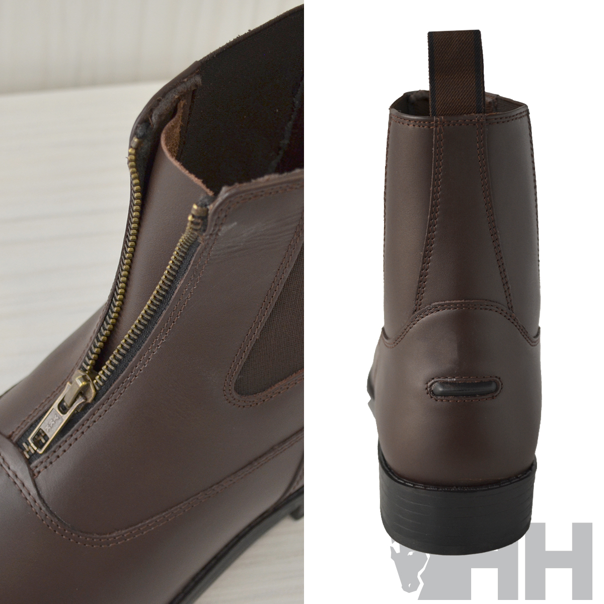 Bota castanha de couro com fecho de correr dourado e sola preta