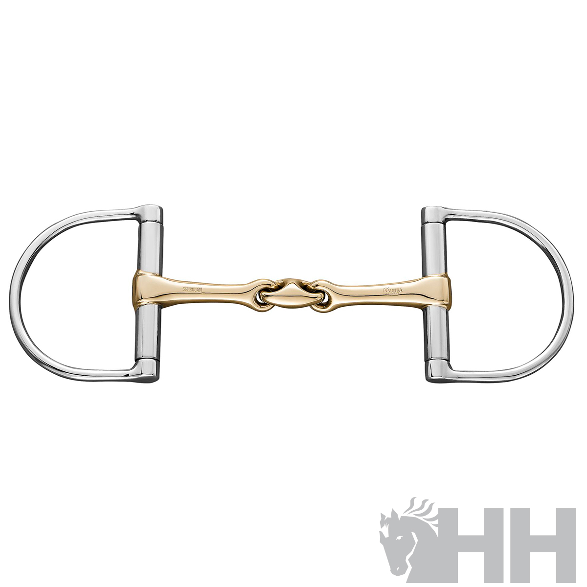 Freio de cavalo metal prateado e dourado com barra articulada