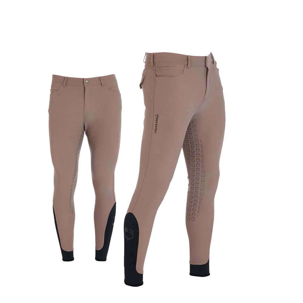 Calças de equitação femininas bege claro com reforço preto e padrão antiderrapante