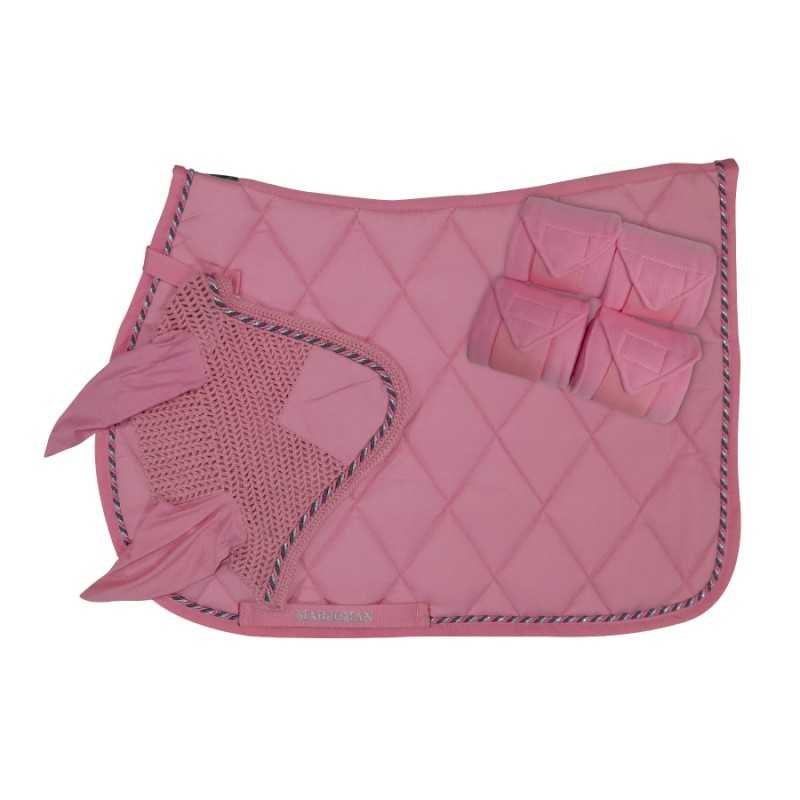Conjunto para equitação rosa com manta, orelheiras e proteções acolchoadas