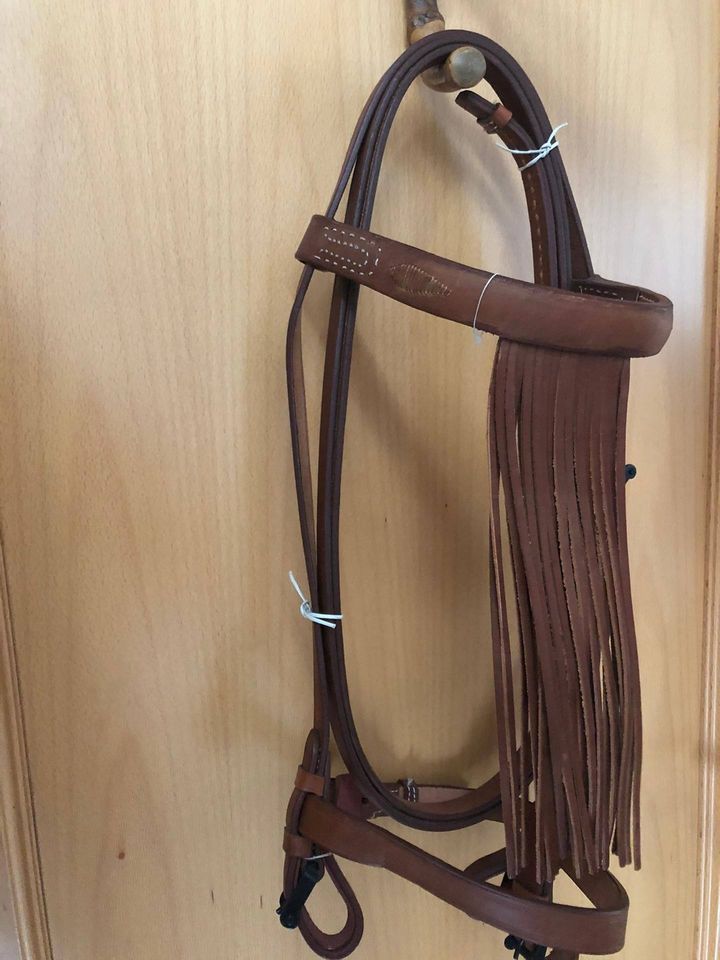 Arreio de pele castanha com franjas pendurado numa parede de madeira