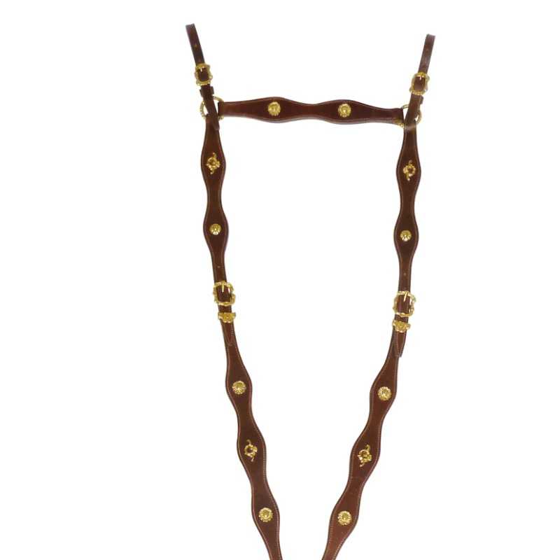 Cinta de couro castanho com fivelas douradas e design ondulado