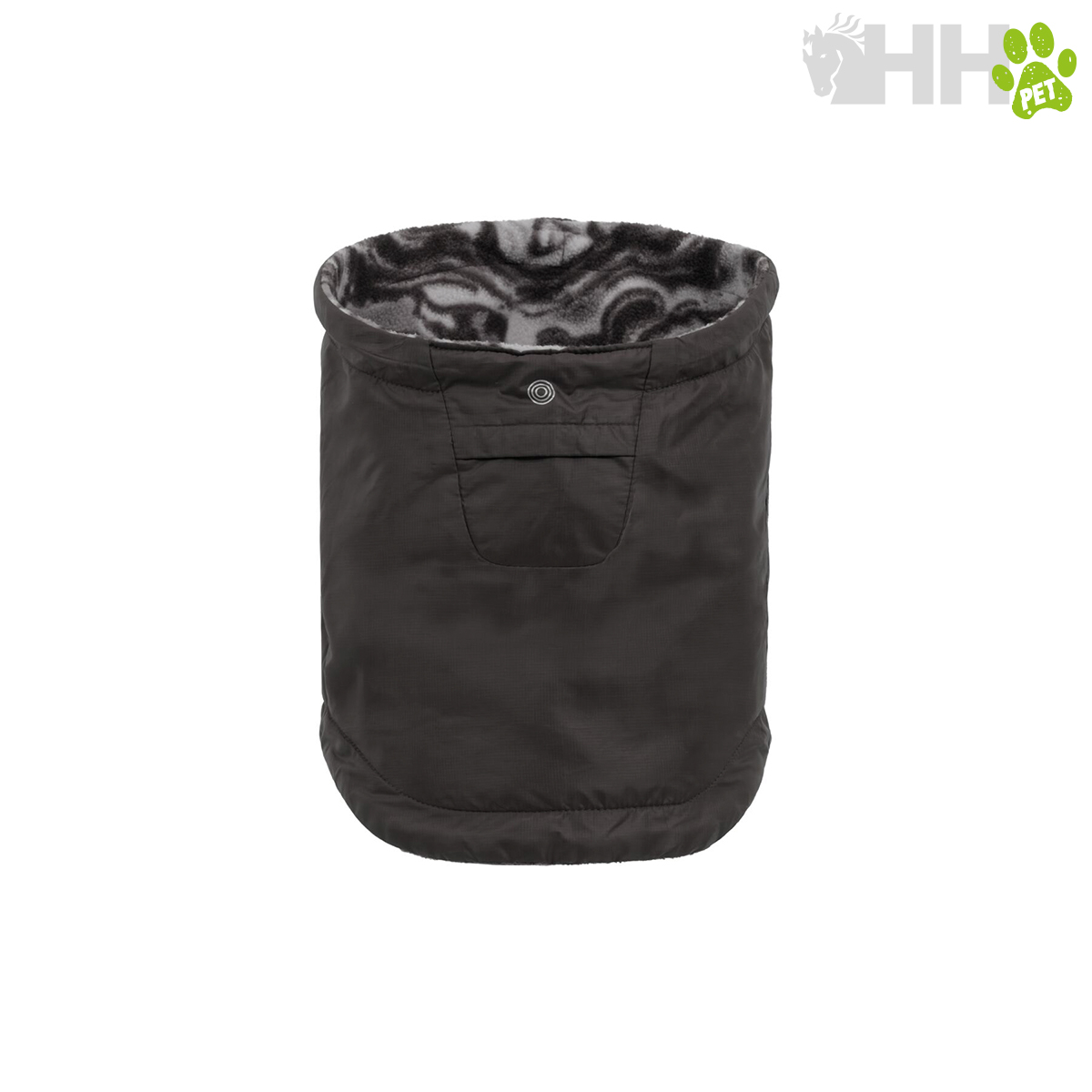 Cama ou saco para animais preto com interior felpudo cinzento e padrão em ondas