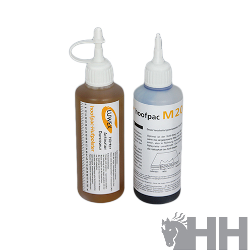 Duas garrafas plásticas com tampa de bico aplicador, marrom e azul, rótulos com texto em branco, sobre fundo branco com logo 'HH' e cavalo cinzento.