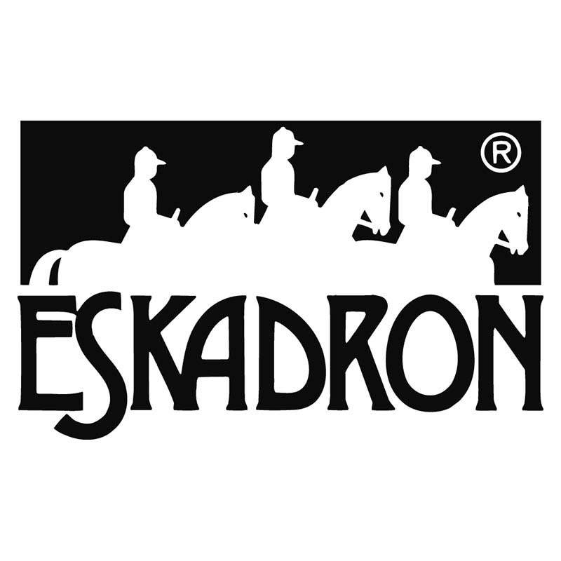 Logótipo preto e branco da marca ESKADRON com cavaleiros a cavalo.