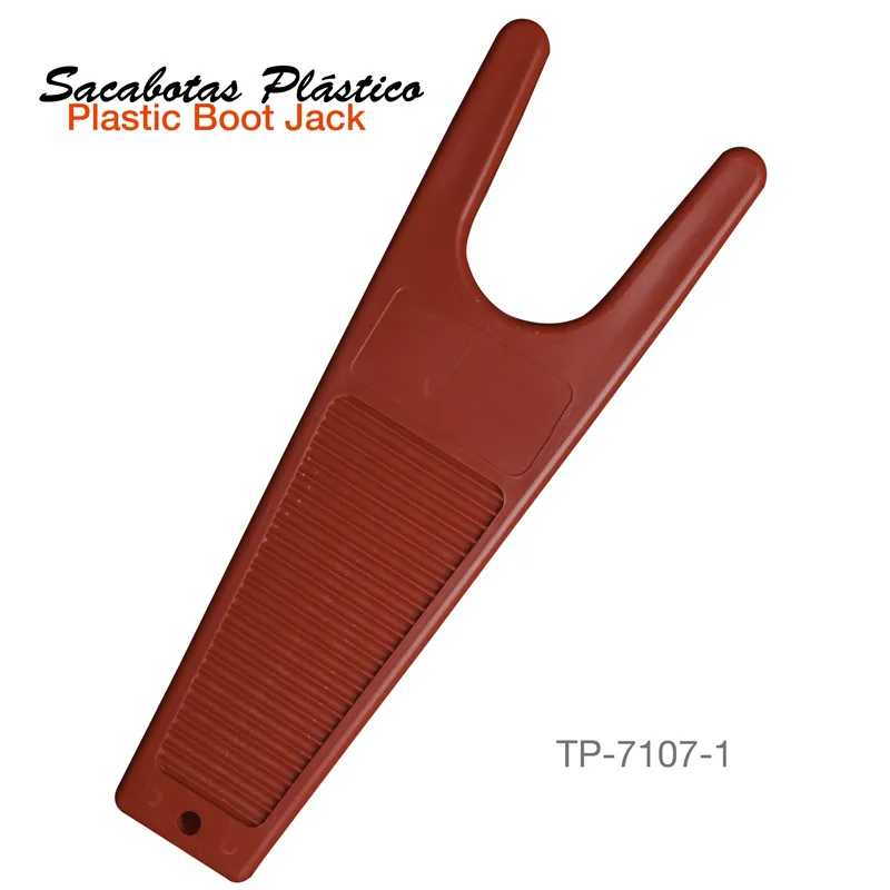 Jack para botas em plástico castanho com texto e código de produto